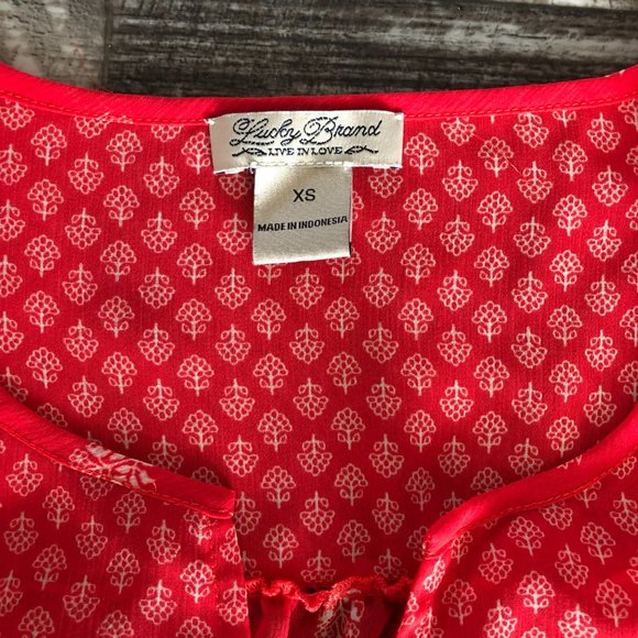 Lucky Brand XS Peasant Blouse Bright Red Chiffon Printed Bohemian Cowgirl - Picture 3 of 7